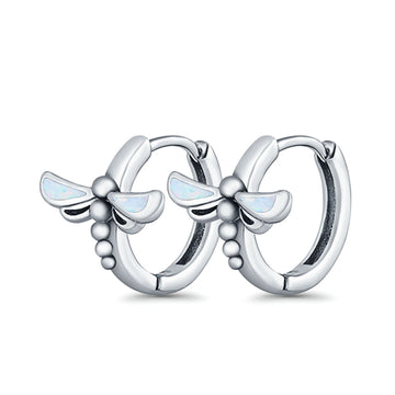 Dragonfly Hoop Huggie Earrings Lab Created White Opal 925 Sterling Silver